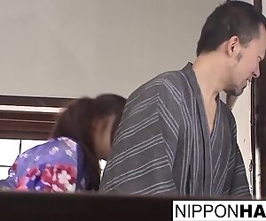 Japanese teen geisha has her hairy pussy toyed in a dojo